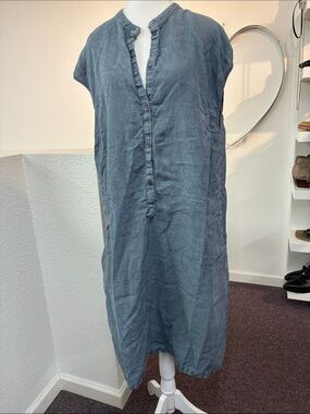 OSKA Blue Linen Midi Dress Button Front Short Sleeve Size Large